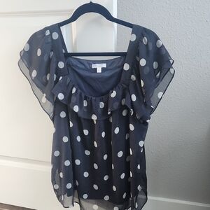 Lauren Conrad Women's Polka Dot Ruffle Top Blue and White Size Large